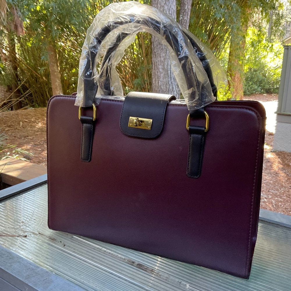 J. Crew Edie Colorblock Attaché leather handbag/ shoulder bag, merlot and black